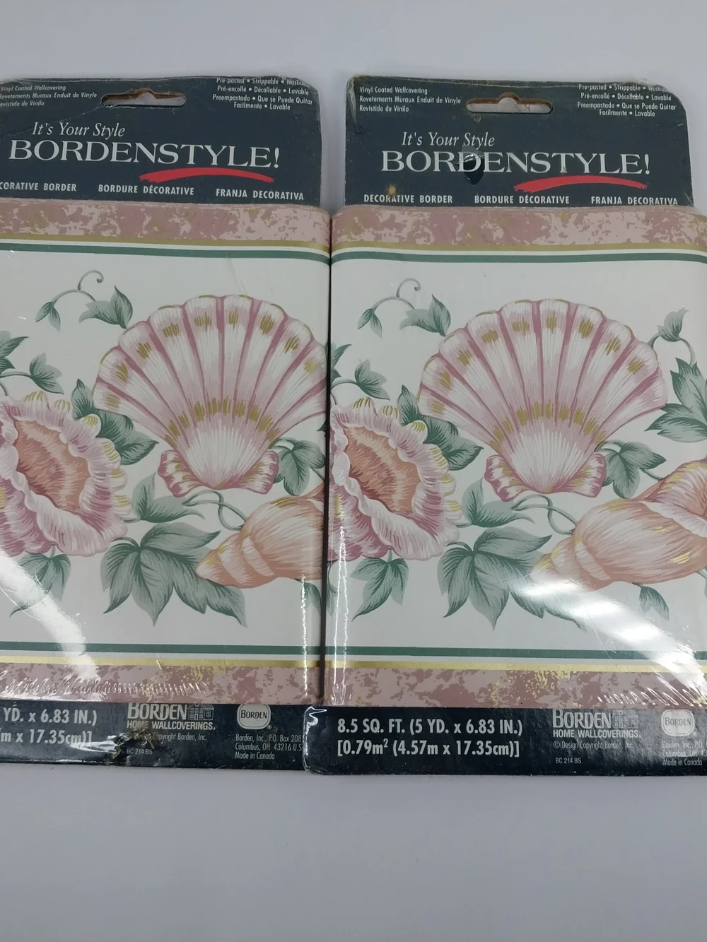 Vintage 90s Bordenstyle Wallpaper Border Pink Sea Shells Print 7”x 5 Yds.